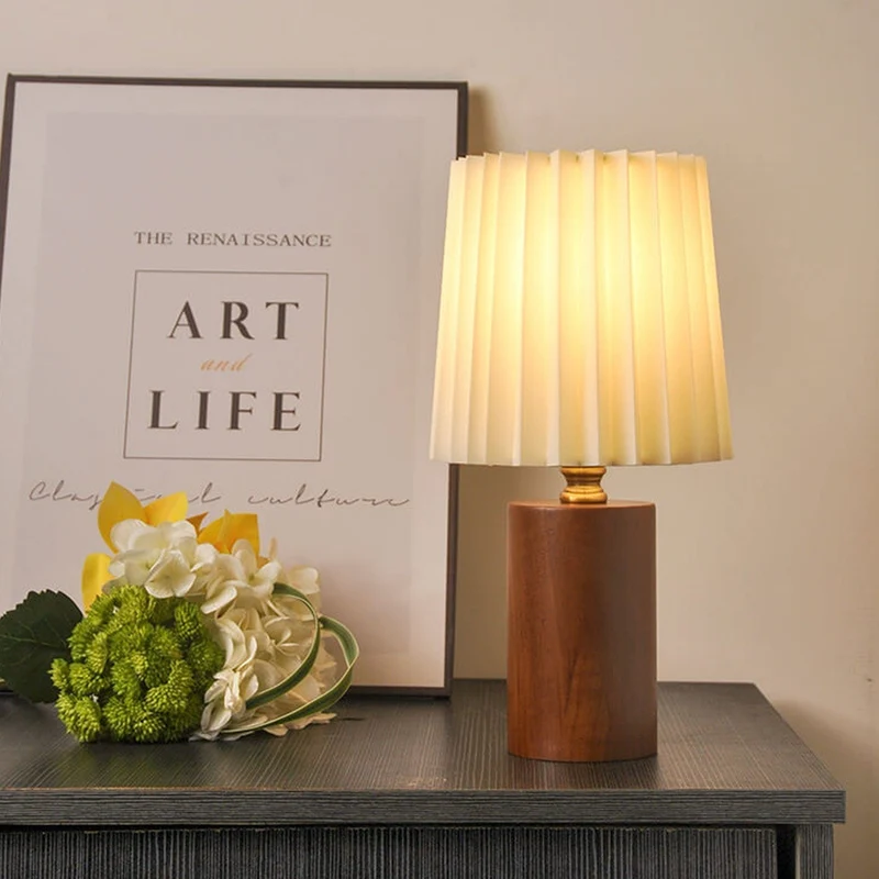 Euroselle Pleated Shade Table Lamp With Solid Wood Base, USB Plug
