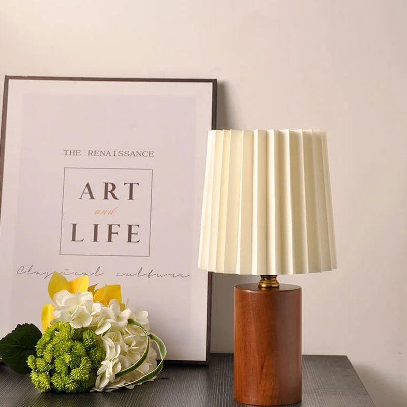 Euroselle Pleated Shade Table Lamp With Solid Wood Base, USB Plug
