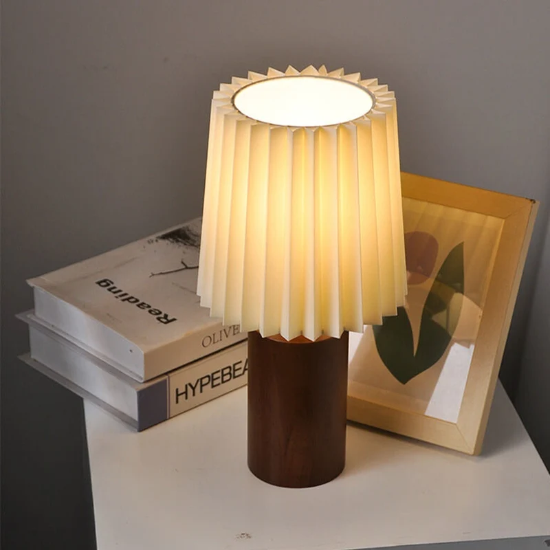 Euroselle Pleated Shade Table Lamp With Solid Wood Base, USB Plug