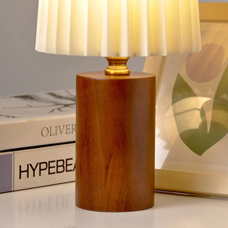 Euroselle Pleated Shade Table Lamp With Solid Wood Base, USB Plug
