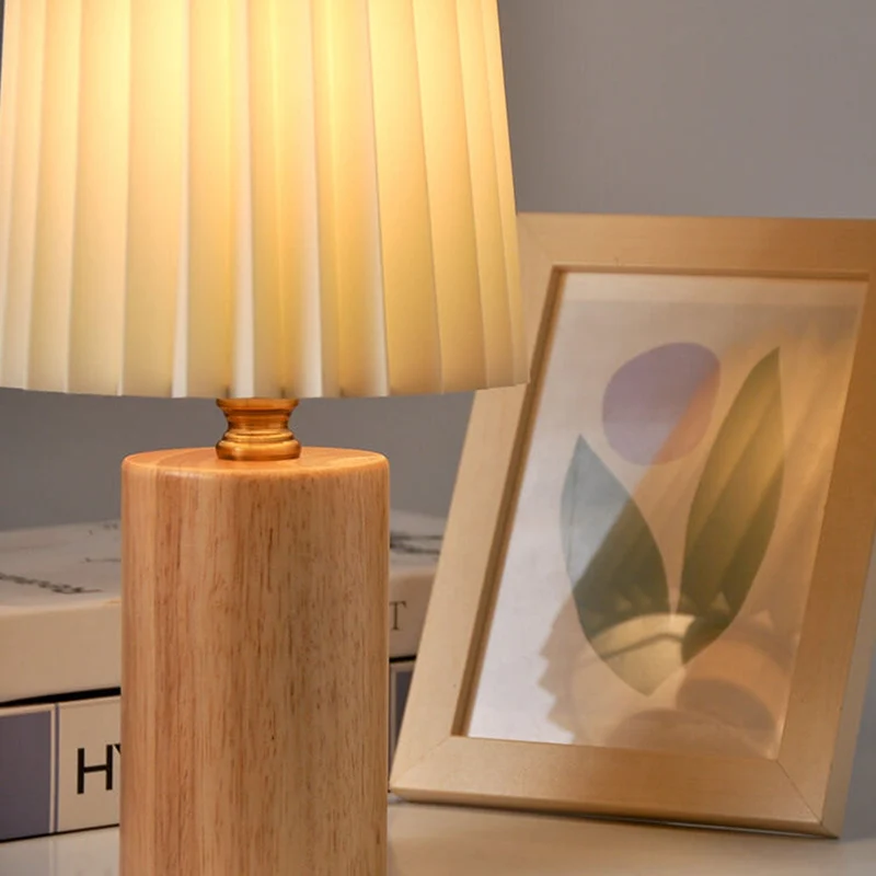 Euroselle Pleated Shade Table Lamp With Solid Wood Base, USB Plug