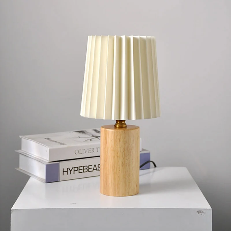 Euroselle Pleated Shade Table Lamp With Solid Wood Base, USB Plug