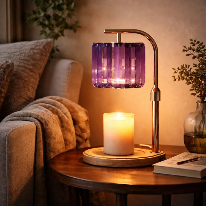 Euroselle Plug In Candle Warmer Lamp With Wood And Crystal Construction, Purple, Multi Level Dimming