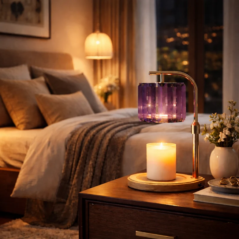 Euroselle Plug In Candle Warmer Lamp With Wood And Crystal Construction, Purple, Multi Level Dimming