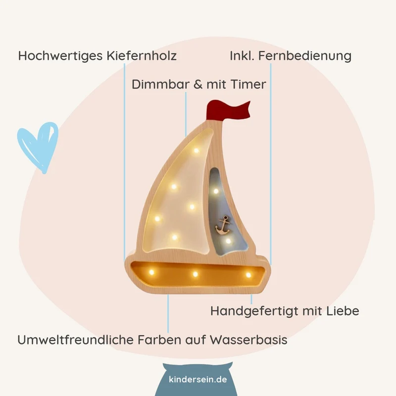 Mini LED Nachtlicht Segelboot aus Holz, dimmbar