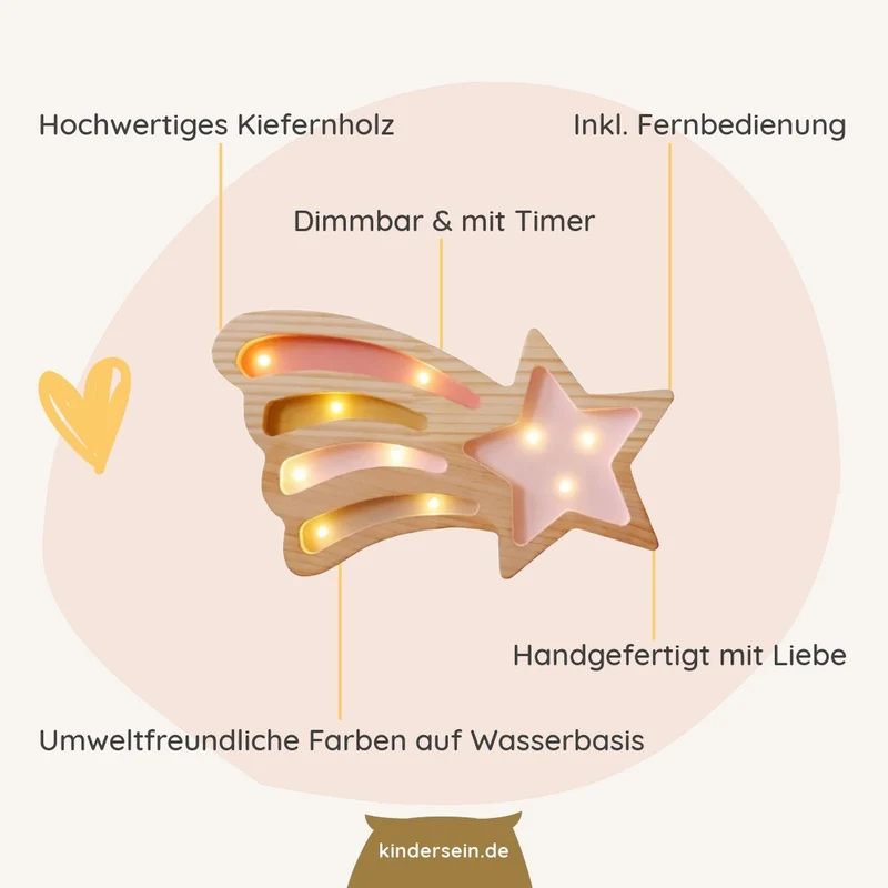 Mini LED Nachtlicht Sternschnuppe aus Holz, dimmbar