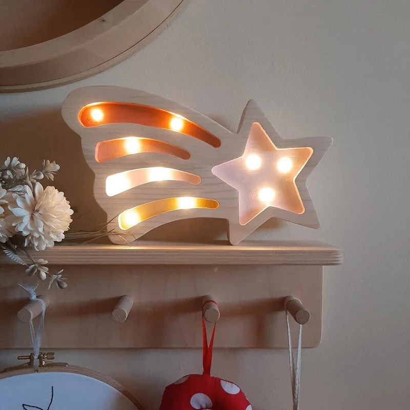Mini LED Nachtlicht Sternschnuppe aus Holz, dimmbar