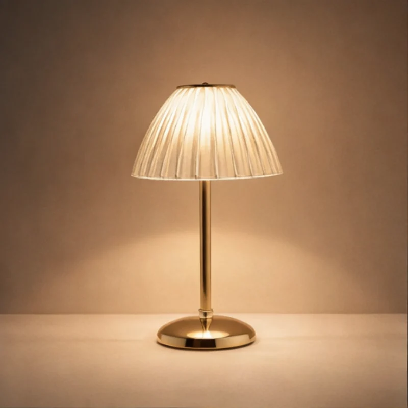 Euroselle Cordless Dome Shade Table Lamp With Ribbed Transparent Shade Chrome Base And Touch Dimmer