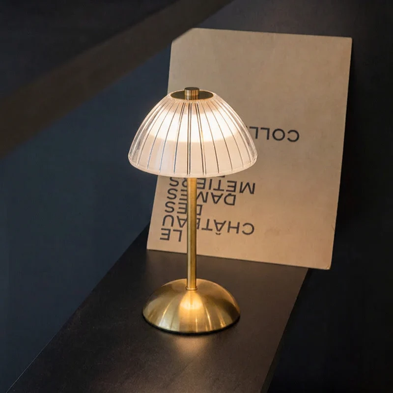 Euroselle Cordless Dome Shade Table Lamp With Ribbed Transparent Shade Chrome Base And Touch Dimmer