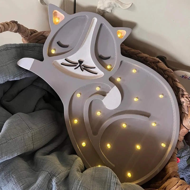 LED Nachtlicht Katze aus Holz, dimmbar