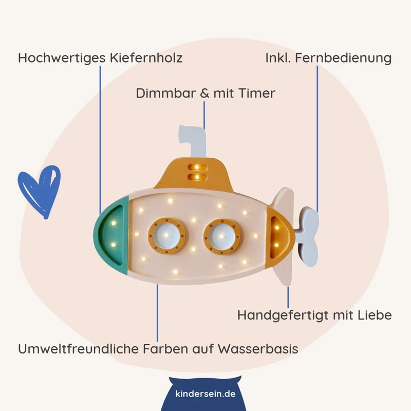 LED Nachtlicht U-Boot aus Holz, dimmbar