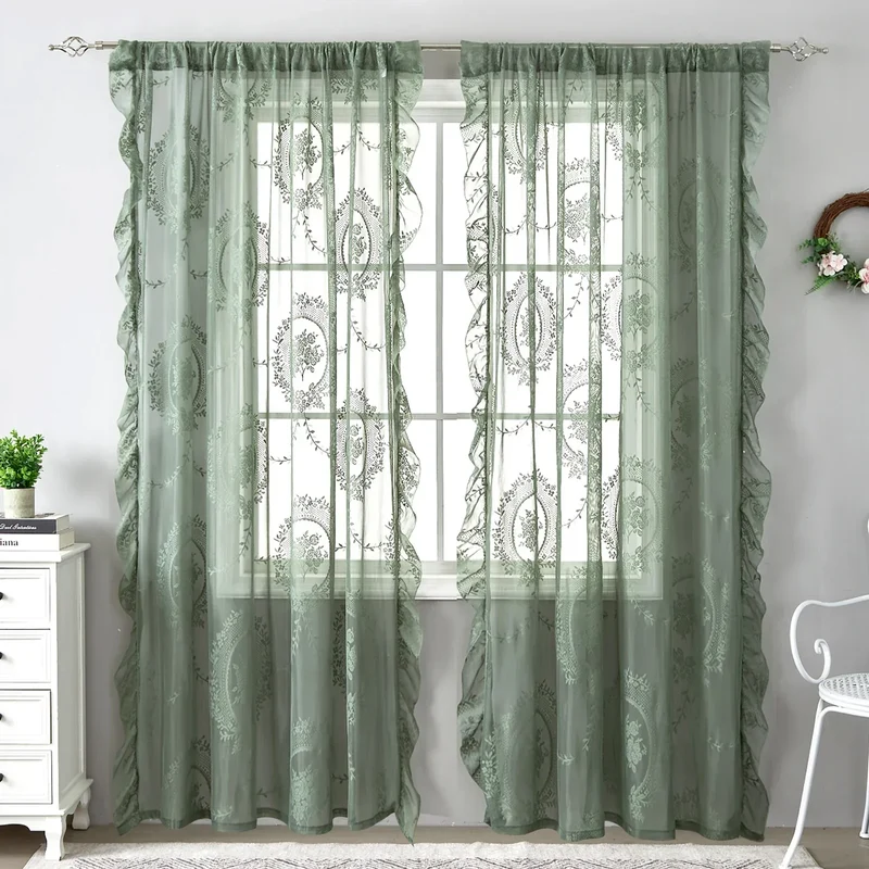 Euroselle French Retro Green Ruffled Lace Sheer Tulle Curtains For Girls Room And Living Room