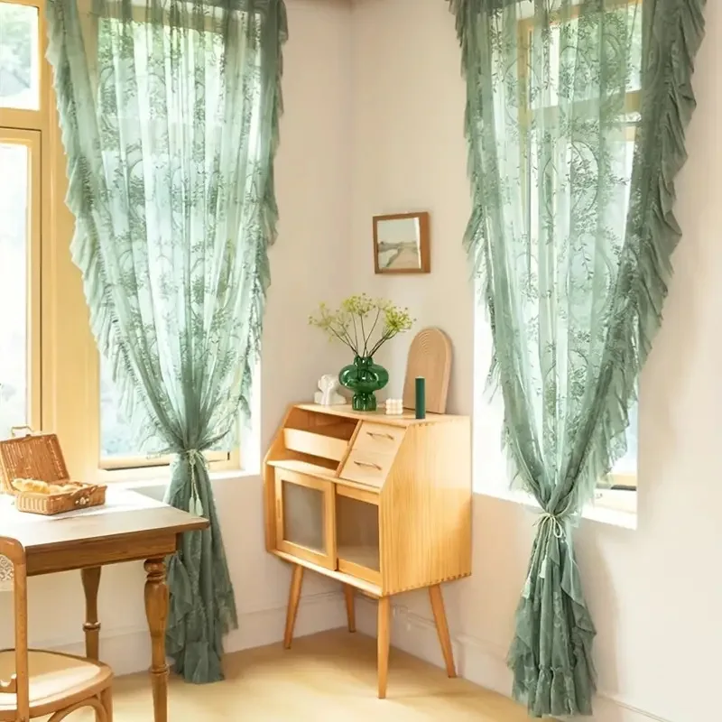 Euroselle French Retro Green Ruffled Lace Sheer Tulle Curtains For Girls Room And Living Room