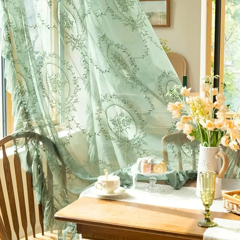 Euroselle French Retro Green Ruffled Lace Sheer Tulle Curtains For Girls Room And Living Room