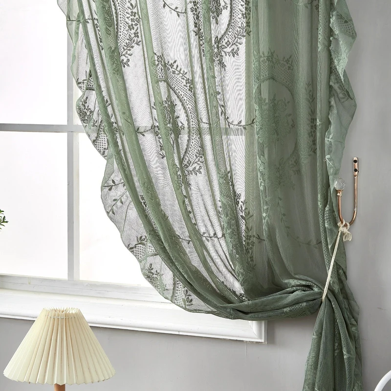 Euroselle French Retro Green Ruffled Lace Sheer Tulle Curtains For Girls Room And Living Room