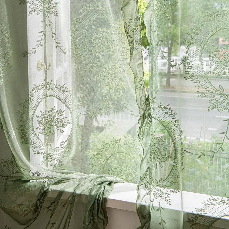 Euroselle French Retro Green Ruffled Lace Sheer Tulle Curtains For Girls Room And Living Room