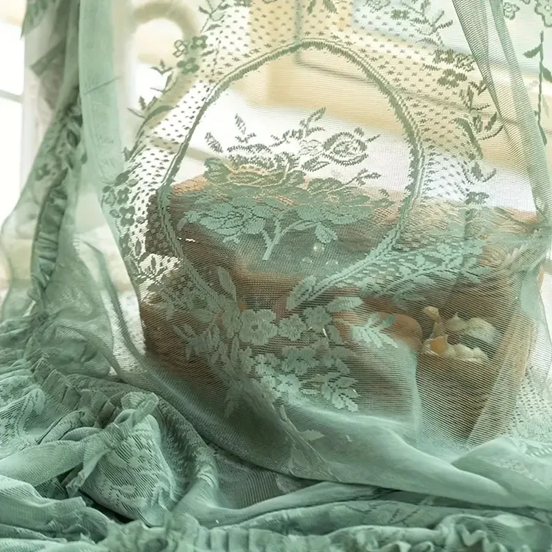 Euroselle French Retro Green Ruffled Lace Sheer Tulle Curtains For Girls Room And Living Room