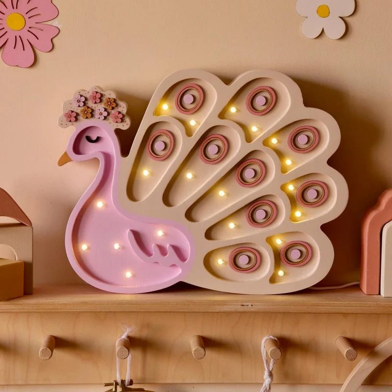 LED Nachtlicht Pfau aus Holz, dimmbar