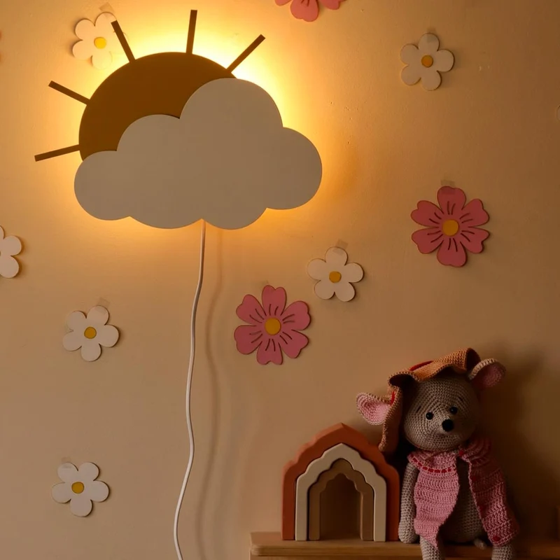 Wandlampe Sonne und Wolke aus Holz