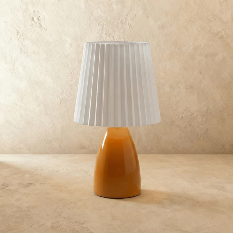 Table Lamp With Ceramic Base And Pleated Shade, LED Trichromatic Light Euroselle