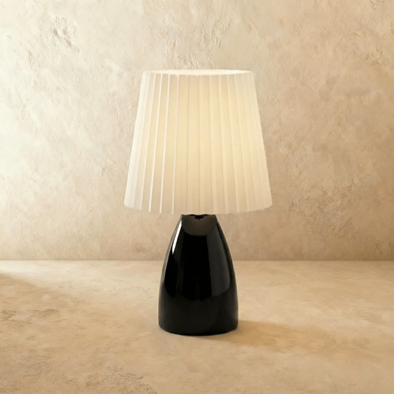 Table Lamp With Ceramic Base And Pleated Shade, LED Trichromatic Light Euroselle