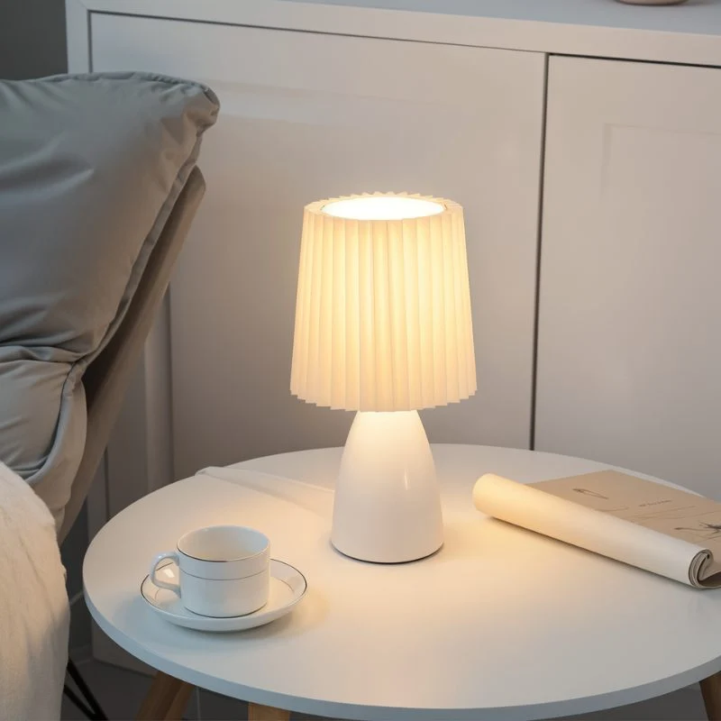 Table Lamp With Ceramic Base And Pleated Shade, LED Trichromatic Light Euroselle