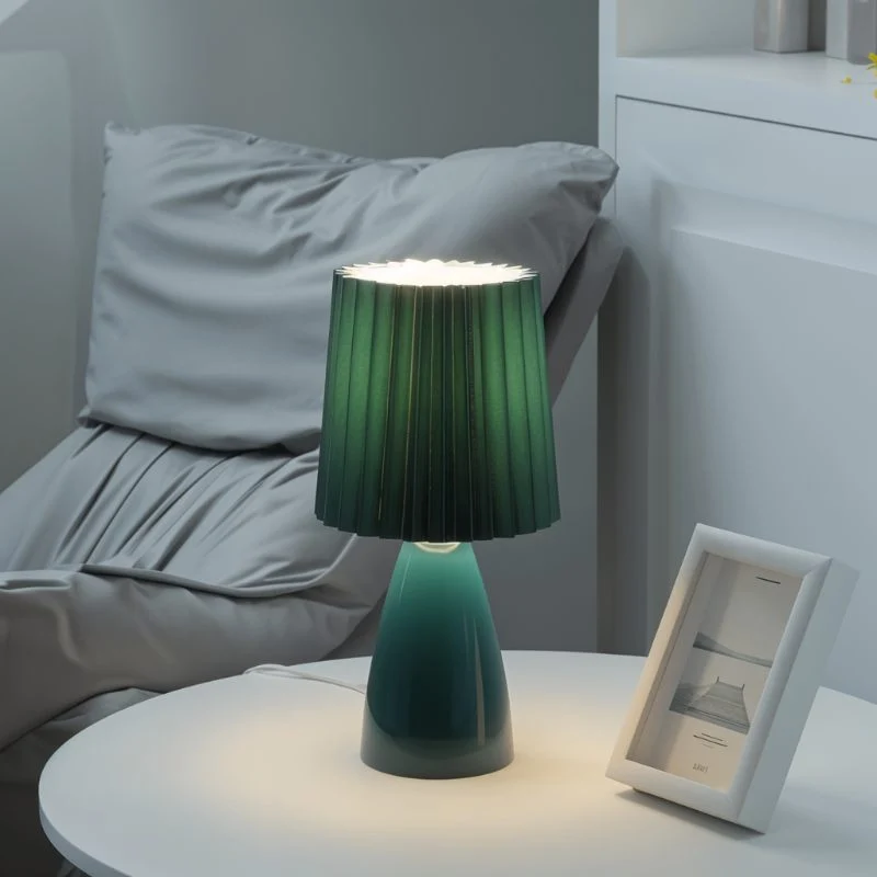 Table Lamp With Ceramic Base And Pleated Shade, LED Trichromatic Light Euroselle
