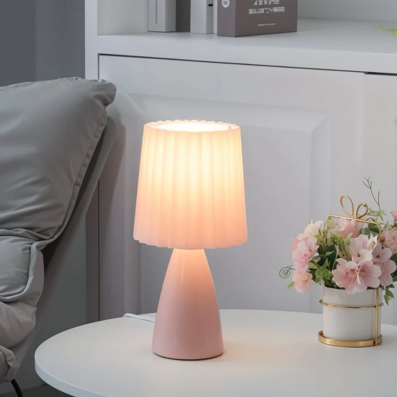 Table Lamp With Ceramic Base And Pleated Shade, LED Trichromatic Light Euroselle