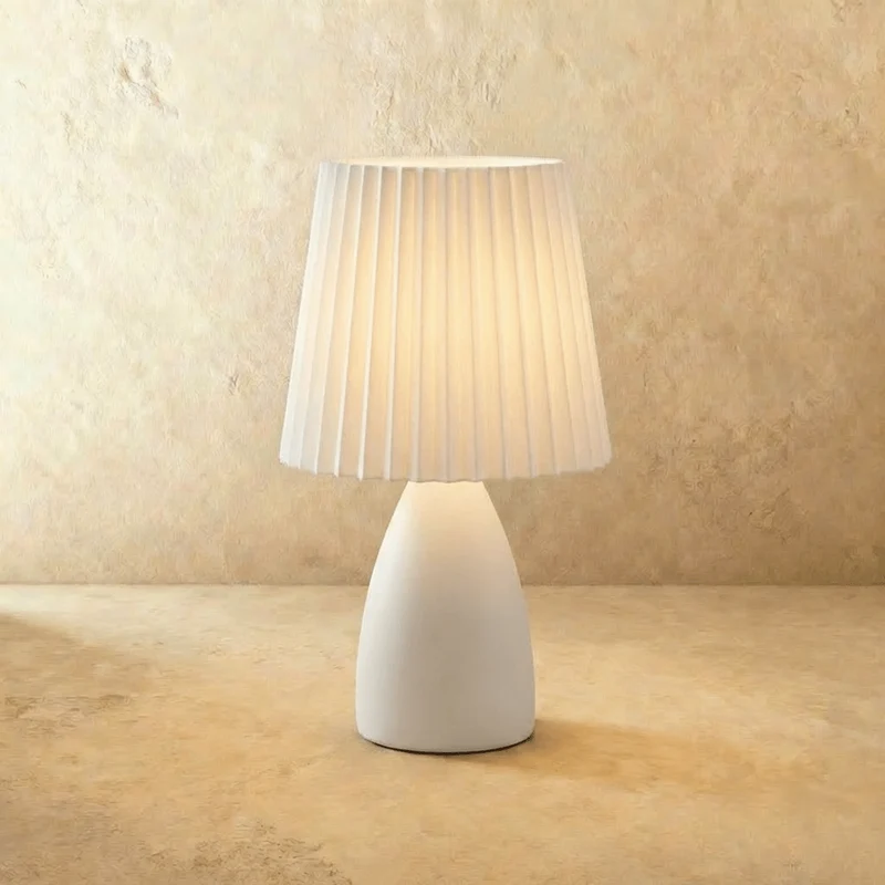 Table Lamp With Ceramic Base And Pleated Shade, LED Trichromatic Light Euroselle