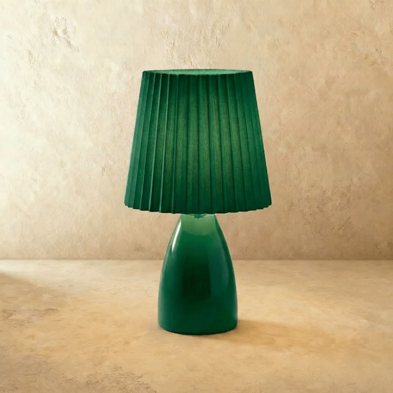 Table Lamp With Ceramic Base And Pleated Shade, LED Trichromatic Light Euroselle