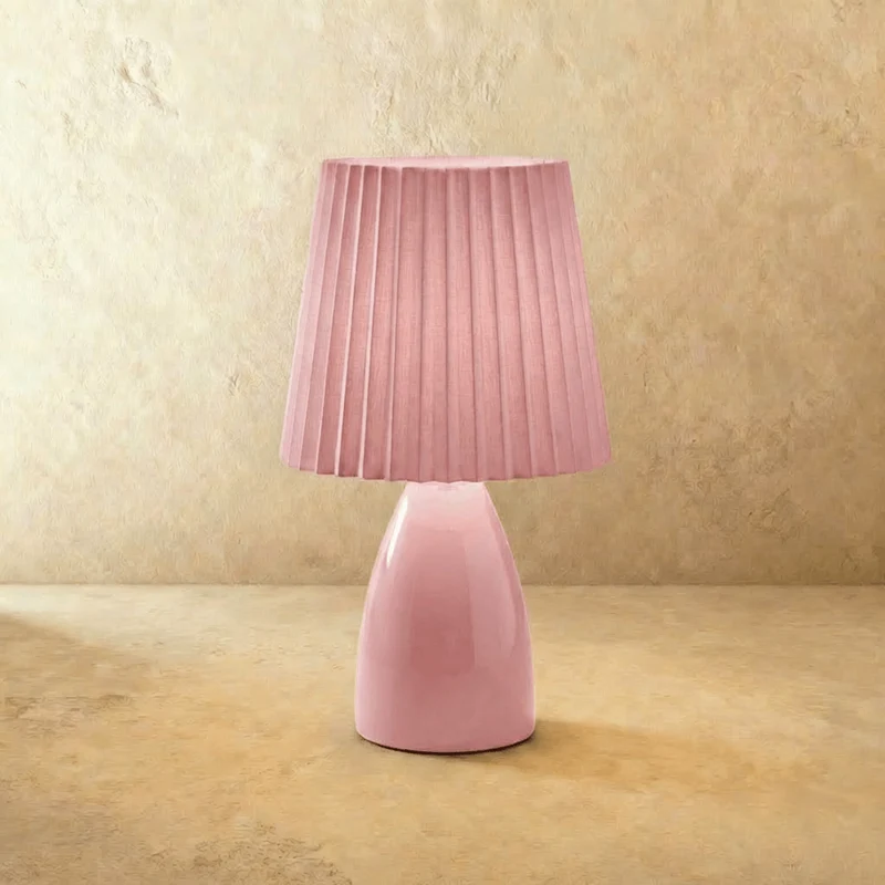 Table Lamp With Ceramic Base And Pleated Shade, LED Trichromatic Light Euroselle