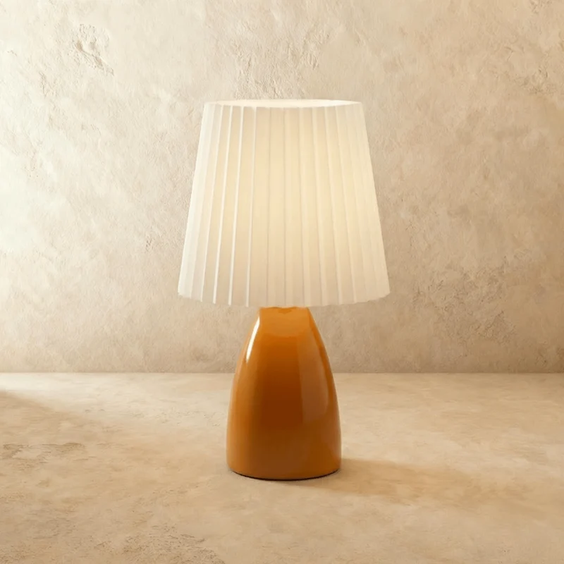 Table Lamp With Ceramic Base And Pleated Shade, LED Trichromatic Light Euroselle