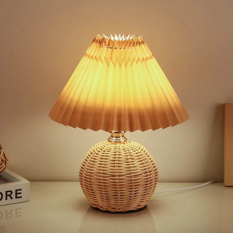 Rattan Base Table Lamp With Pleated Fabric Shade USB Powered Euroselle