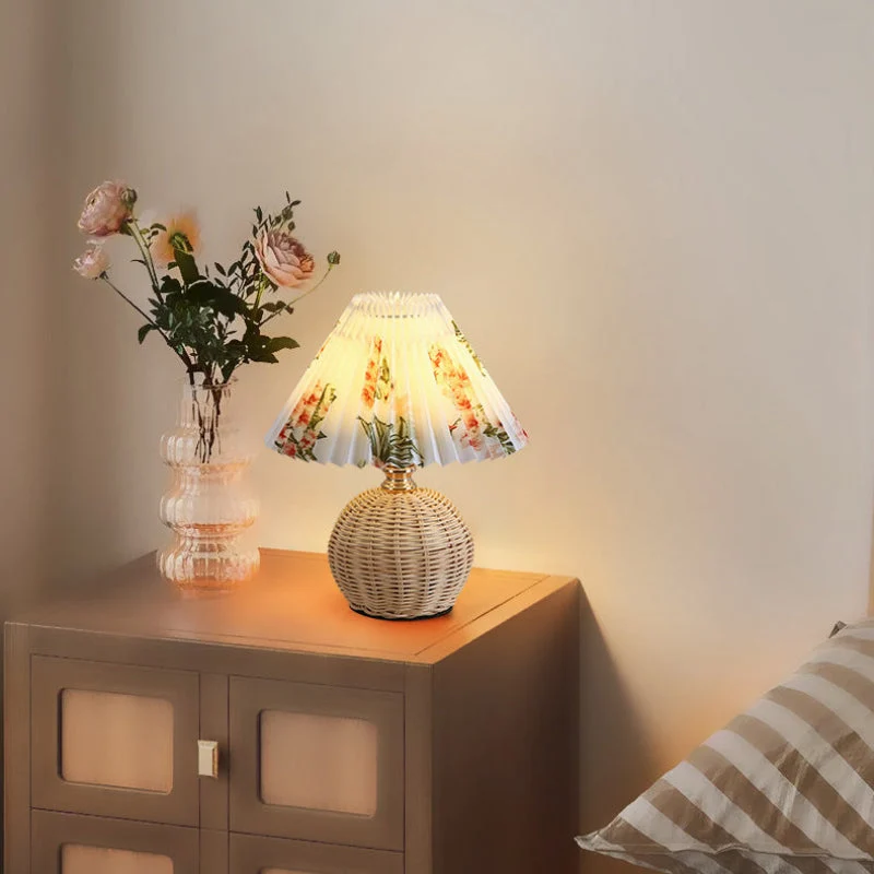 Rattan Base Table Lamp With Pleated Fabric Shade USB Powered Euroselle