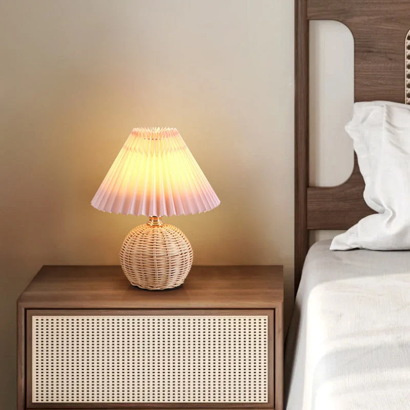 Rattan Base Table Lamp With Pleated Fabric Shade USB Powered Euroselle