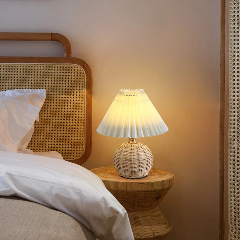 Rattan Base Table Lamp With Pleated Fabric Shade USB Powered Euroselle