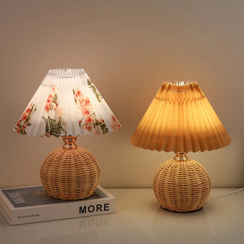 Rattan Base Table Lamp With Pleated Fabric Shade USB Powered Euroselle