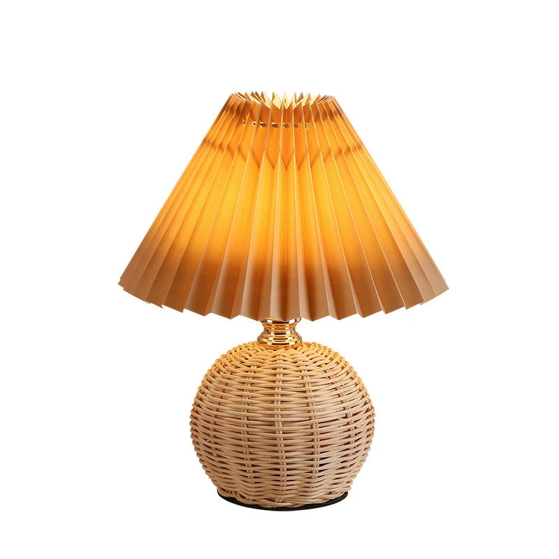 Rattan Base Table Lamp With Pleated Fabric Shade USB Powered Euroselle