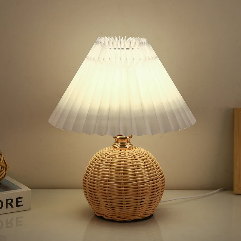 Rattan Base Table Lamp With Pleated Fabric Shade USB Powered Euroselle