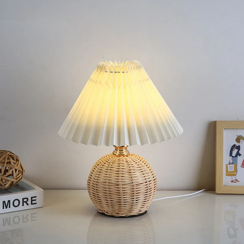 Rattan Base Table Lamp With Pleated Fabric Shade USB Powered Euroselle