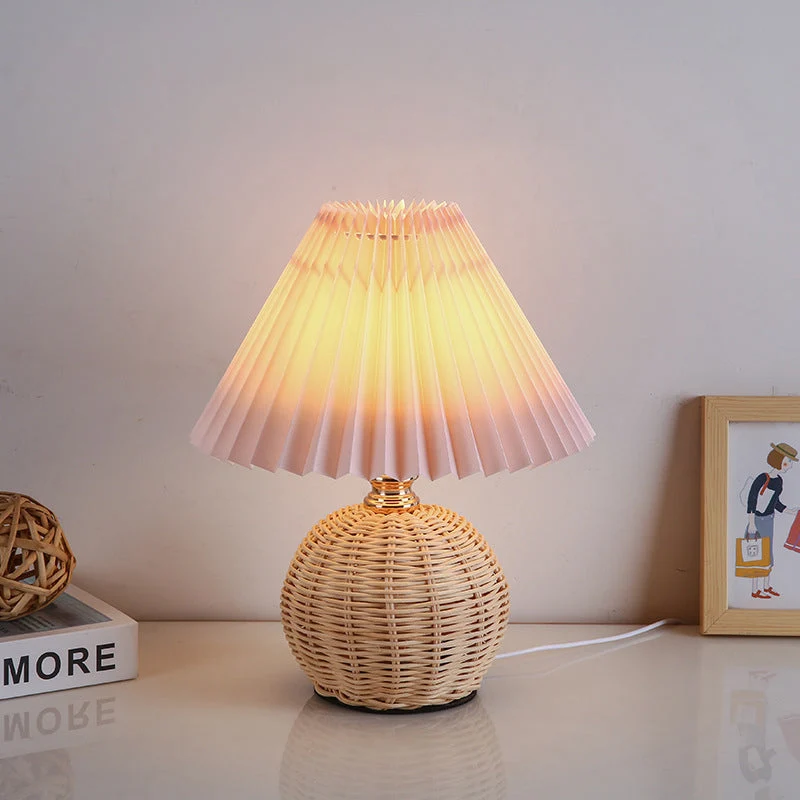 Rattan Base Table Lamp With Pleated Fabric Shade USB Powered Euroselle