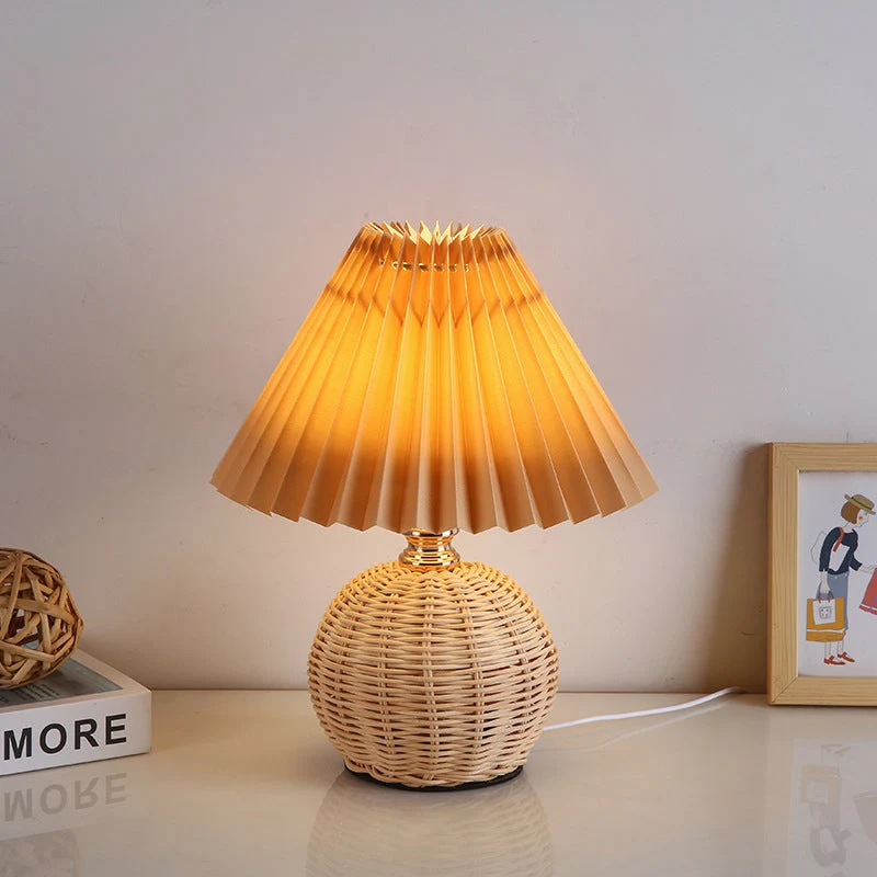 Rattan Base Table Lamp With Pleated Fabric Shade USB Powered Euroselle