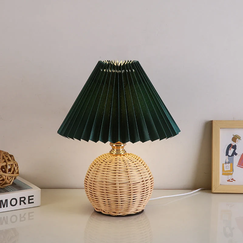 Rattan Base Table Lamp With Pleated Fabric Shade USB Powered Euroselle