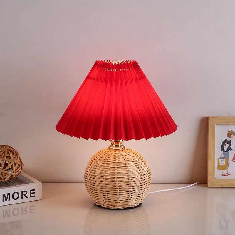 Rattan Base Table Lamp With Pleated Fabric Shade USB Powered Euroselle