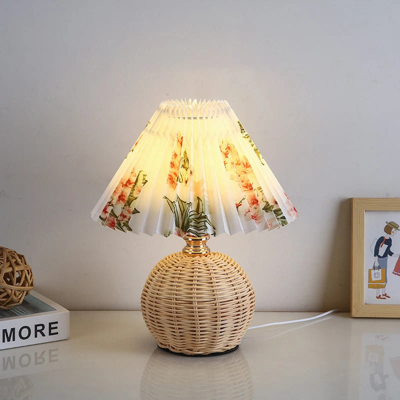 Rattan Base Table Lamp With Pleated Fabric Shade USB Powered Euroselle