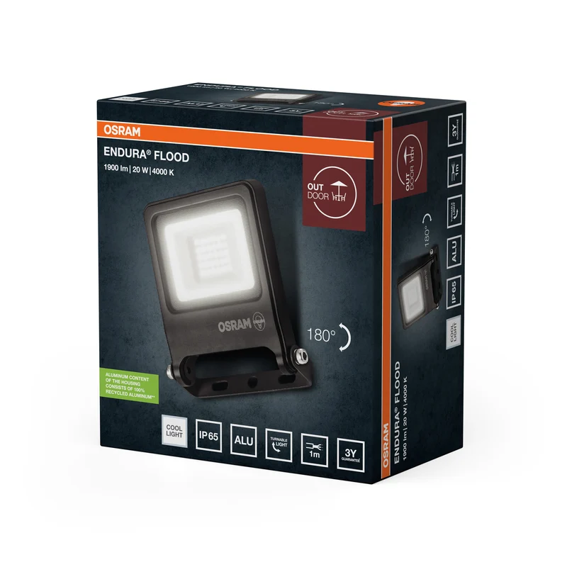 OSRAM ENDURA FLOOD PC 20W LED-Fluter, 4000K kaltweiß, 1800 Lumen, IP65 Flutlicht für Außenbereiche, 110° Abstrahlwinkel