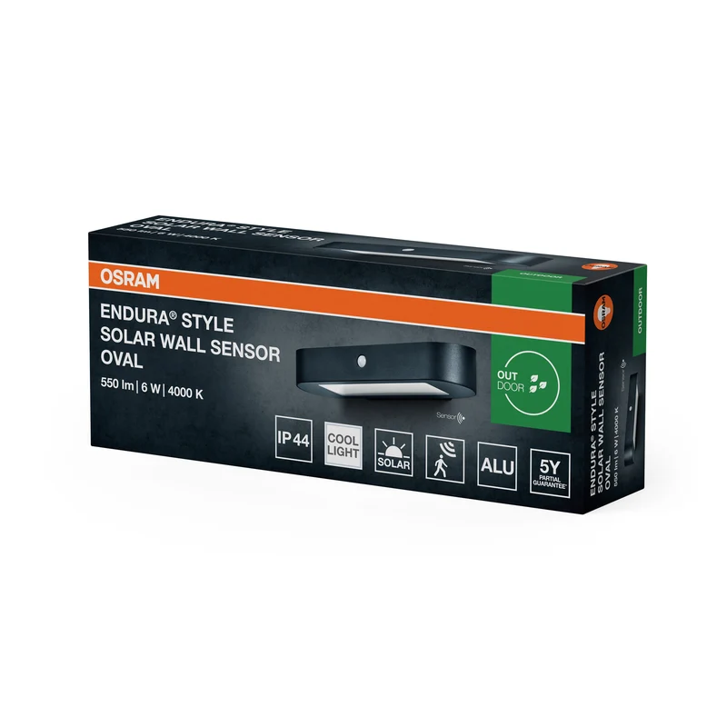 OSRAM ENDURA Style Oval Solar-Wandleuchte, kaltweißes Licht (4000K), integrierter Sensor, ohne Strom nutzbar, lange Batterielaufzeit: 30 Mal 60 Sekunden im PIR Modus, Schutzklasse IP44, schwarz