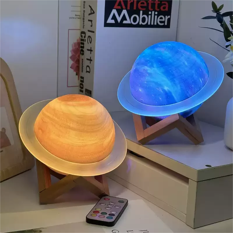 Saturn Shaped Table Lamp With Rechargeable Battery And Bluetooth Speaker, Wooden Stand Euroselle
