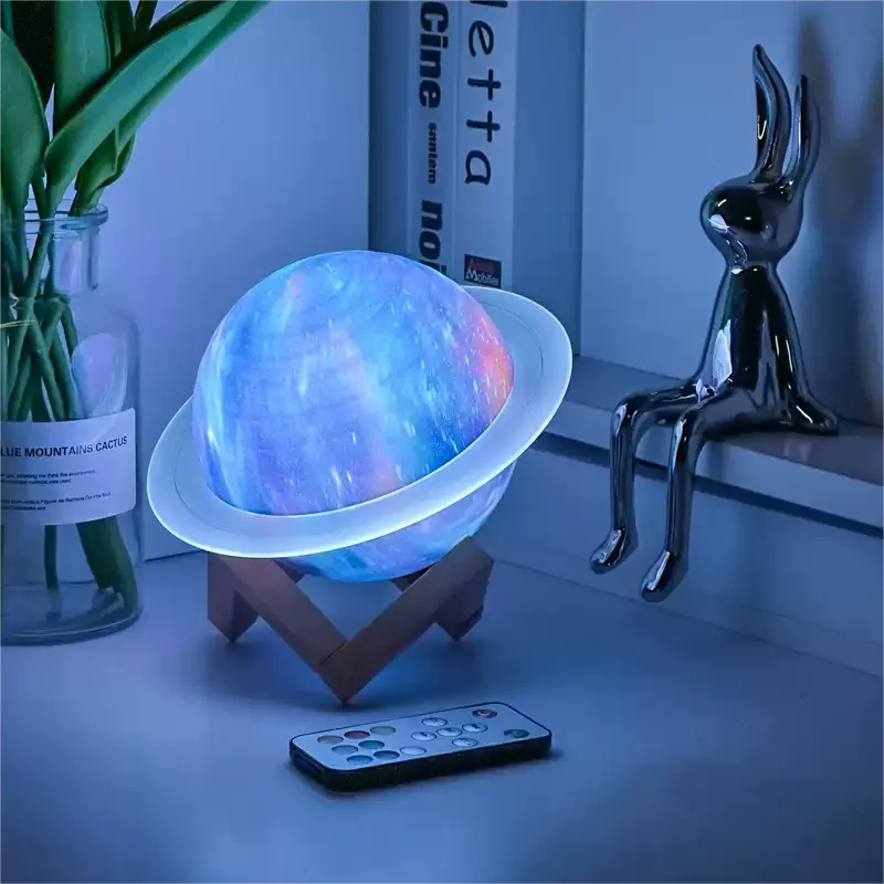 Saturn Shaped Table Lamp With Rechargeable Battery And Bluetooth Speaker, Wooden Stand Euroselle
