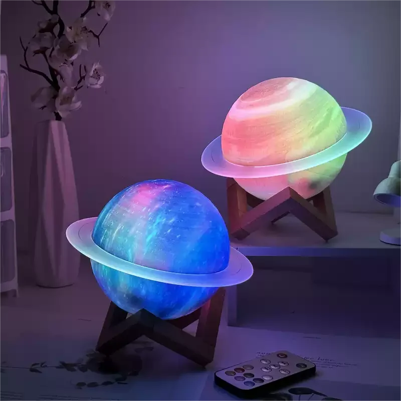 Saturn Shaped Table Lamp With Rechargeable Battery And Bluetooth Speaker, Wooden Stand Euroselle